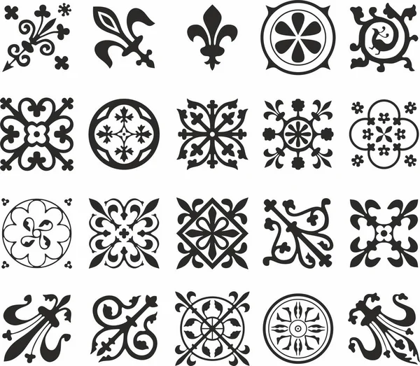 Vetor Conjunto Monocromático Preto Elementos Ornamento Romano Antigo Partes Europeias — Vetor de Stock
