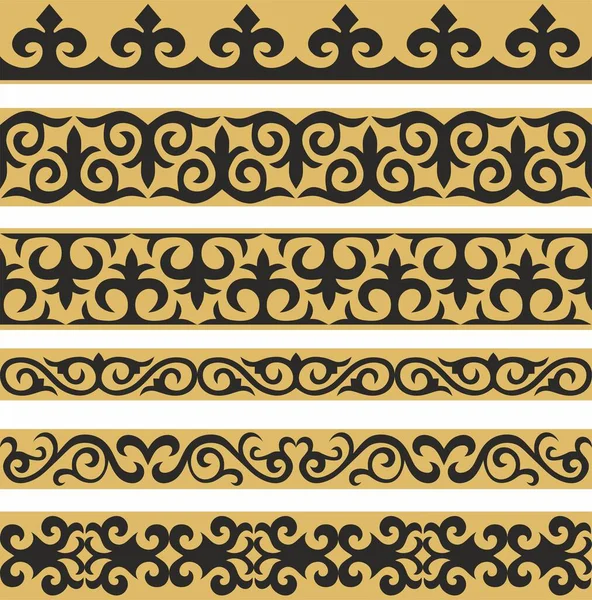 Conjunto Ouro Vetor Ornamento Nacional Cazaque Sem Costura Preto Padrão —  Vetores de Stock