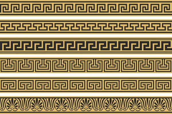 一套天衣无缝的希腊古典装饰品 边界和框架的模式 古希腊和罗马帝国 无尽的金色和黑色的弯腰 — 图库矢量图片