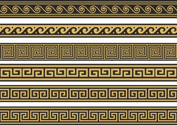 一套天衣无缝的希腊古典装饰品 边界和框架的模式 古希腊和罗马帝国 无尽的金色和黑色的弯腰 — 图库矢量图片