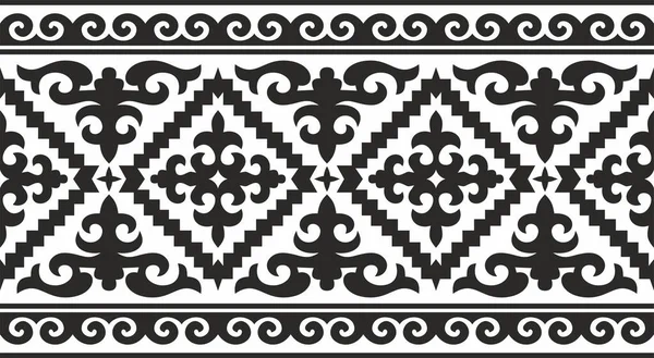 Vector Black Monochrome Seamless Kazakh National Ornament Ethnic Endless Pattern — Stock Vector