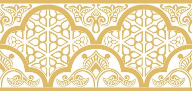 Vektör altın pürüzsüz doğu ulusal süsü. Sonsuz etnik çiçekli sınır, Arap insanları çerçeveli. Farsça resim.