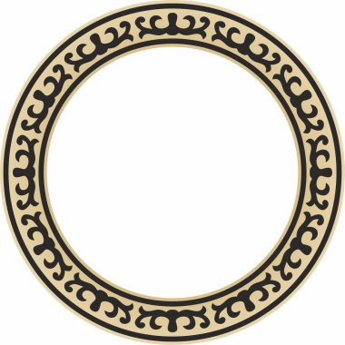 Altın ve siyah renkli Kazak milli süsü. Büyük Steppe, Moğollar, Kırgız, Kalmykler, Buryatlar 'daki insanların etnik kalıpları. daire, çerçeve kenarı