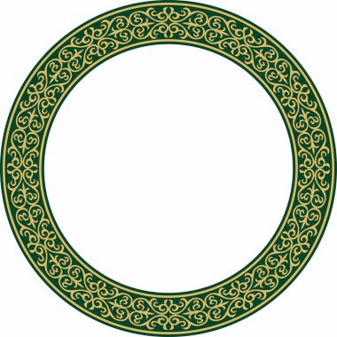 Vektör altın ve yeşil Kazak ulusal yuvarlak desen, çerçeve. Asya 'nın göçebe halkları, Büyük Steppe, Kazaklar, Kirghiz, Kalmykler, Moğollar, Buryatlar, Türkler