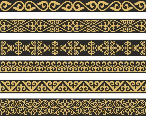 ベクトル金と黒のシームレスなカザフスタンの国家の装飾のセット 偉大な草原の遊牧民の民族パターンは トルコ人 フレーム モンゴル キルギス ブリヤート カルムイク — ストックベクタ