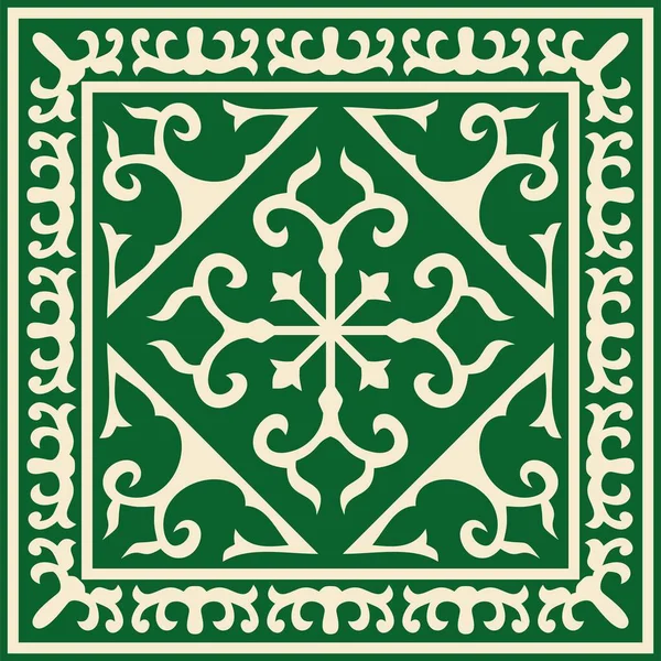 Vetor Verde Com Ornamento Nacional Quadrado Cazaquistão Dourado Padrão Étnico — Vetor de Stock