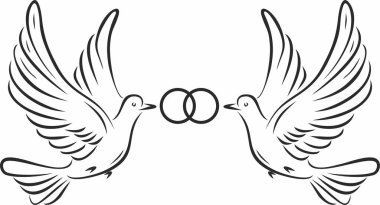 Gagasında halkalar olan uçan güvercinleri seven tek renkli vektör. Aşk ve umut kuşu.