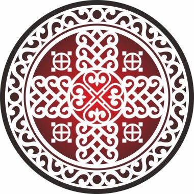 Siyah arka planda kırmızı vektör Yakut yuvarlak süslemesi. Tundra 'nın kuzeyindeki insanların atalarının çemberi. Tılsım, tılsım, uzun yaşam ve sonsuzluğun korunma sembolü..