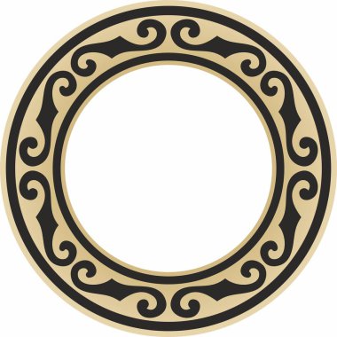 Altın ve siyah renkli Kazak milli süsü. Büyük Steppe, Moğollar, Kırgız, Kalmykler, Buryatlar 'daki insanların etnik kalıpları. daire, çerçeve kenarı