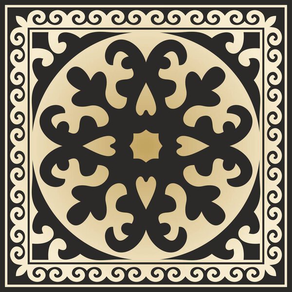 Vector golden with black Square Kazakh national ornament. Ethnic pattern of the peoples of the Great Steppe, Mongols, Kyrgyz, Kalmyks, Buryats