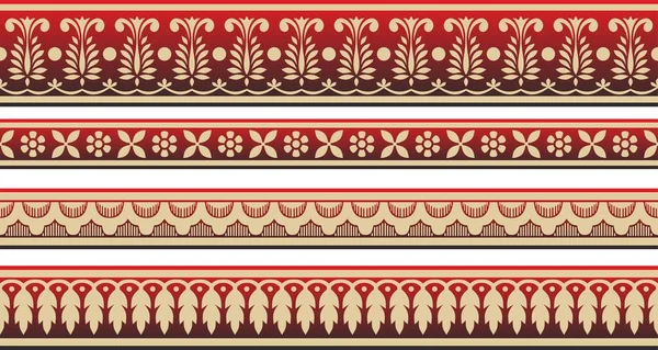 シームレスゴールドと赤インドの国家の装飾のベクトルセット 民族の無限の植物の国境 花のフレーム ポピーや葉 — ストックベクタ