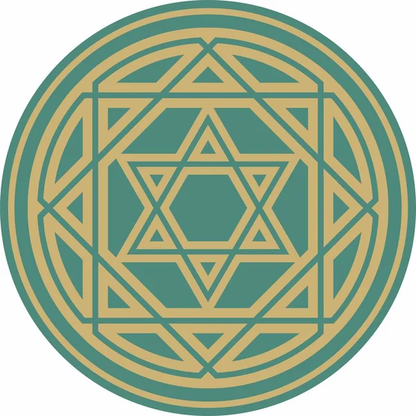 ベクトルラウンドゴールドと緑のユダヤ民族の装飾 ダビデの星 ユダヤ教の民俗サークル パターン イスラエルの民族標識リング — ストックベクタ