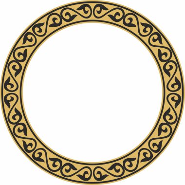Vektör altın ve siyah Kazak ulusal yuvarlak desen, çerçeve. Asya 'nın göçebe halkları, Büyük Steppe, Kazaklar, Kirghiz, Kalmykler, Moğollar, Buryatlar, Türkler