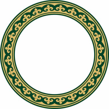 Vektör altın ve yeşil Kazak ulusal yuvarlak desen, çerçeve. Asya 'nın göçebe halkları, Büyük Steppe, Kazaklar, Kirghiz, Kalmykler, Moğollar, Buryatlar, Türkler