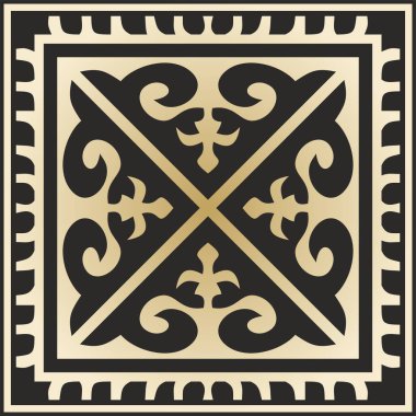 Siyah Kazak Meydanı ulusal süsüsüyle altın taşıyıcı. Büyük Steppe 'deki insanların etnik kalıpları,