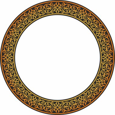 Turuncu ve siyah Kazak ulusal yuvarlak desen, çerçeve. Asya 'nın göçebe halkları, Büyük Steppe, Kazaklar, Kirghiz, Kalmykler, Moğollar, Buryatlar, Türkler