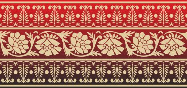 Kusursuz altın ve kırmızı Hint ulusal süsü. Sonsuz etnik bitki sınırı. Çiçek çerçevesi. Gelincikler ve yapraklar