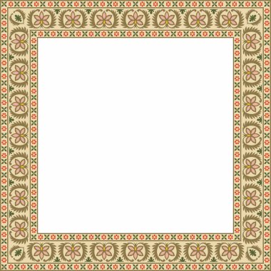 Vektör kare renkli Hint ulusal süsü. Etnik bitki sınırı. Çiçek çerçevesi. Gelincikler ve yapraklar