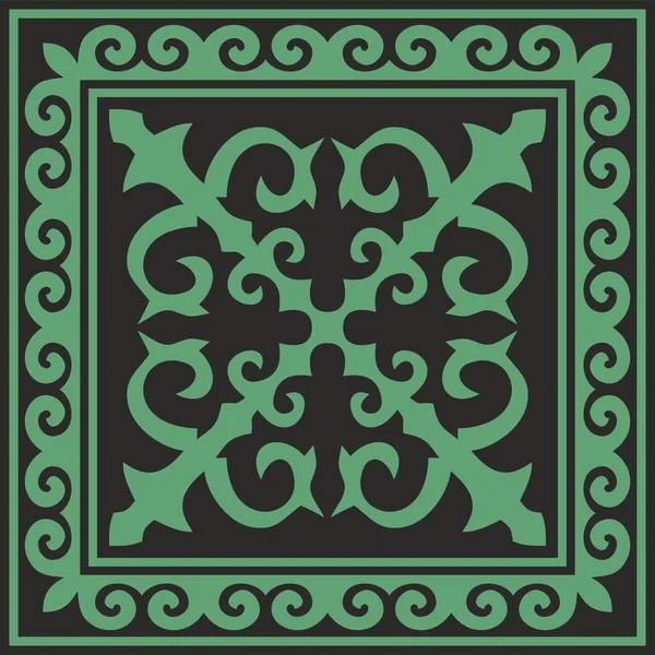 Vetor Verde Com Ornamento Nacional Preto Quadrado Cazaque Padrão Étnico — Vetor de Stock