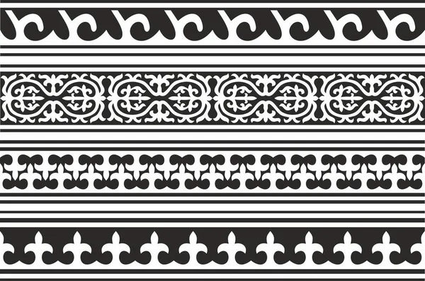Vector Set Black Monochrome Seamless Kazakh National Ornament Ethnic Endless — Stock Vector