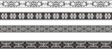 Kusursuz Hint ulusal Amerikan sınırlarının vektör monokrom kümesi. Amerika, Aztek, Maya, İnka, Peru, Brezilya, Meksika, Honduras, Guatemala halklarının sonu gelmeyen etnik süsleri..