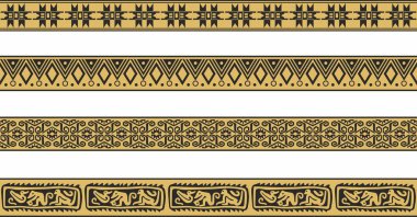 Vector set of gold and black native american ornamental seamless borders. Framework of the peoples of America, Aztecs, Maya, Incas