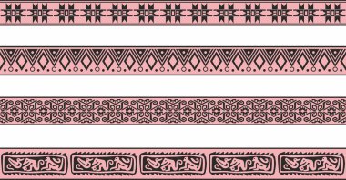 Pembe ve siyah Kızılderili süslemesiz kenarlı vektör seti. Amerika, Aztekler, Maya ve İnkalar 'ın çerçevesi
