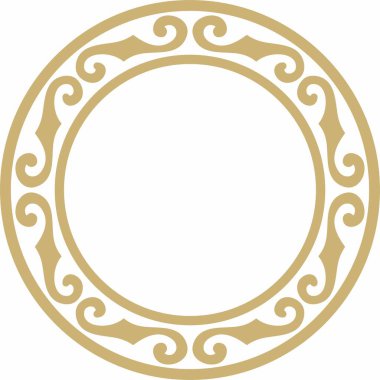 Altın turuncu Kazak ulusal süsü. Büyük Steppe, Moğollar, Kırgız, Kalmykler, Buryatlar 'daki insanların etnik kalıpları. daire, çerçeve kenarı