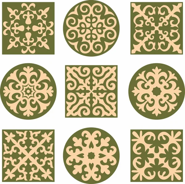 Vector Set Green Gold Signs Kazakh National Ornament Ethnic Endless — Stock Vector