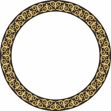 Vektör altın ve siyah Kazak ulusal yuvarlak desen, çerçeve. Asya 'nın göçebe halkları, Büyük Steppe, Kazaklar, Kirghiz, Kalmykler, Moğollar, Buryatlar, Türkler
