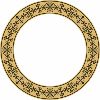 Vektör altın ve siyah Kazak ulusal yuvarlak desen, çerçeve. Asya 'nın göçebe halkları, Büyük Steppe, Kazaklar, Kirghiz, Kalmykler, Moğollar, Buryatlar, Türkler