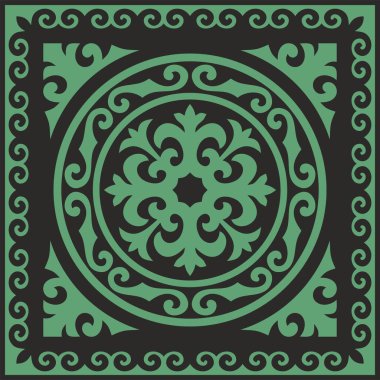 Siyah Kazak Meydanı ulusal süslemesi olan vektör yeşili. Büyük Steppe, Moğollar, Kırgız, Kalmykler, Buryatlar 'daki insanların etnik kalıpları.