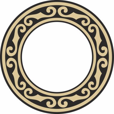 Altın ve siyah renkli Kazak milli süsü. Büyük Steppe, Moğollar, Kırgız, Kalmykler, Buryatlar 'daki insanların etnik kalıpları. daire, çerçeve kenarı