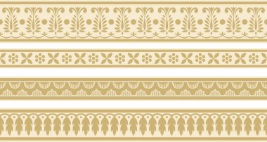 Kusursuz altın Hint ulusal süsü vektör seti. Sonsuz etnik bitki sınırı. Çiçek çerçevesi. Gelincikler ve yapraklar