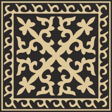 Siyah Kazak Meydanı ulusal süsüsüyle altın taşıyıcı. Büyük Steppe 'deki insanların etnik kalıpları,