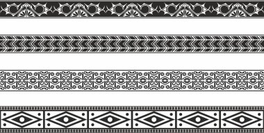 Kusursuz tek renkli Amerikan Yerlisi süslemelerinin vektör seti. Sonsuz etnik siyah sınırlar, Amerika halkları, Aztek, Maya, İnkalar. Kum püskürtme, entrikacı ve lazer kesme için