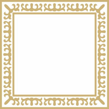 Vektör altın kare Kazak ulusal süsü. Büyük Steppe, Moğollar, Kırgız, Kalmykler, Buryatlar 'daki insanların etnik kalıpları. Kare çerçeve kenarı