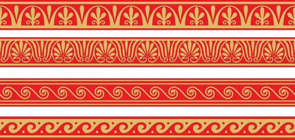 ベクトルのシームレスなギリシャの古典的な装飾のセット 国境と枠のためのパターン 古代ギリシャとローマ帝国 赤いミーダーが付いている無限の金 — ストックベクタ