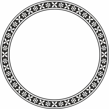 Vector round monokrom siyah Hint ulusal süsü. Etnik bitki çemberi, sınır. Çerçeve, çiçek yüzüğü. Gelincikler ve yapraklar