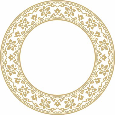 Altın Hint ulusal süsü etrafında vektör. Etnik bitki çemberi, sınır. Çerçeve, çiçek yüzüğü. Gelincikler ve yapraklar