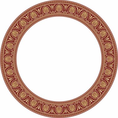Vektör altın ve kırmızı yuvarlak klasik Yunan süsü. Avrupa süsü. Sınır, çerçeve, daire, halka Antik Yunan, Roma İmparatorluğu