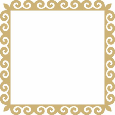 Vektör altın kare Kazak ulusal süsü. Büyük Steppe, Moğollar, Kırgız, Kalmykler, Buryatlar 'daki insanların etnik kalıpları. Kare çerçeve kenarı