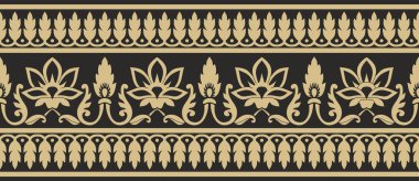 Kusursuz altın ve siyah Hint ulusal süsü. Sonsuz etnik bitki sınırı. Çiçek çerçevesi. Gelincikler ve yapraklar