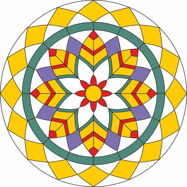 Vetor Modelo Redondo Vitral Colorido Teto Círculo Mosaico Ornamento Geométrico — Vetor de Stock