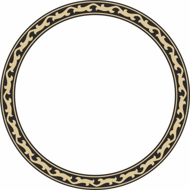 Altın ve siyah renkli Kazak milli süsü. Büyük Steppe, Moğollar, Kırgız, Kalmykler, Buryatlar 'daki insanların etnik kalıpları. daire, çerçeve kenarı