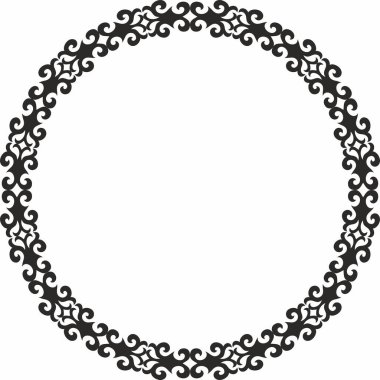 Vector monokrom Kazak ulusal yuvarlak desen, çerçeve. Asya 'nın göçebe halkları, Büyük Steppe, Kazaklar, Kirghiz, Kalmykler, Moğollar, Buryatlar, Türkler