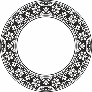 Vector round monokrom siyah Hint ulusal süsü. Etnik bitki çemberi, sınır. Çerçeve, çiçek yüzüğü. Gelincikler ve yapraklar