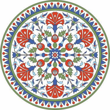 Vektör renkli Türk süsü. Osmanlı çemberi, halka, çerçeve. Lekelenmiş camlar için Müslüman deseni.