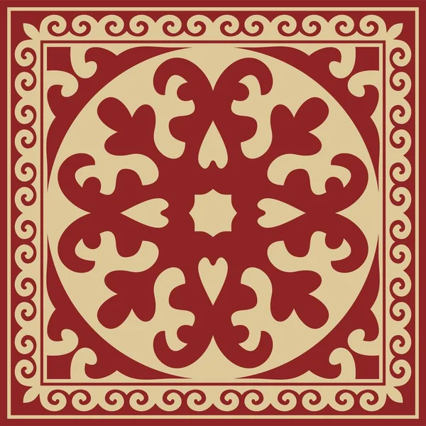 Vetor Vermelho Com Ornamento Nacional Quadrado Cazaquistão Dourado Padrão Étnico — Vetor de Stock