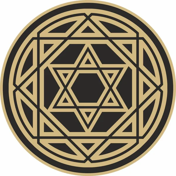 Vetor Ouro Redondo Ornamento Nacional Judaico Preto Estrela David Círculo — Vetor de Stock